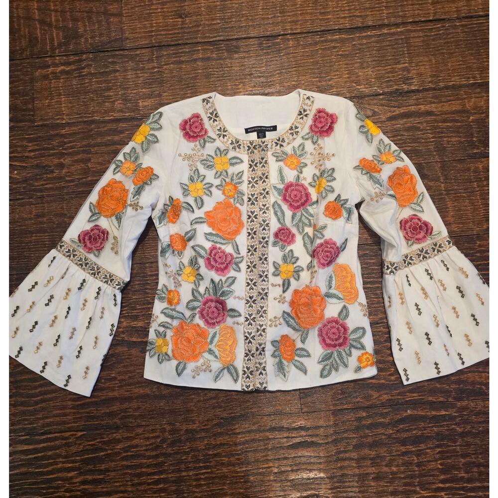 Boston Proper Boho Embroidered Blouse Small Bell Sleeve Floral Peasant Top Ivory